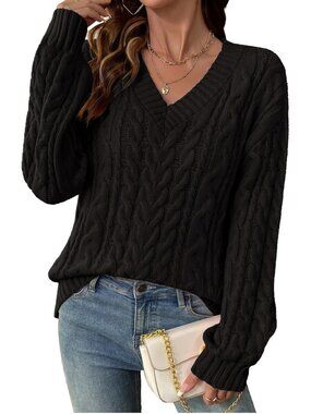 Women's Black Lightweight V Neck Cable Knit Sweater Fall Outfits Sweaters